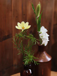 a white flower in a brown vase on a wooden table